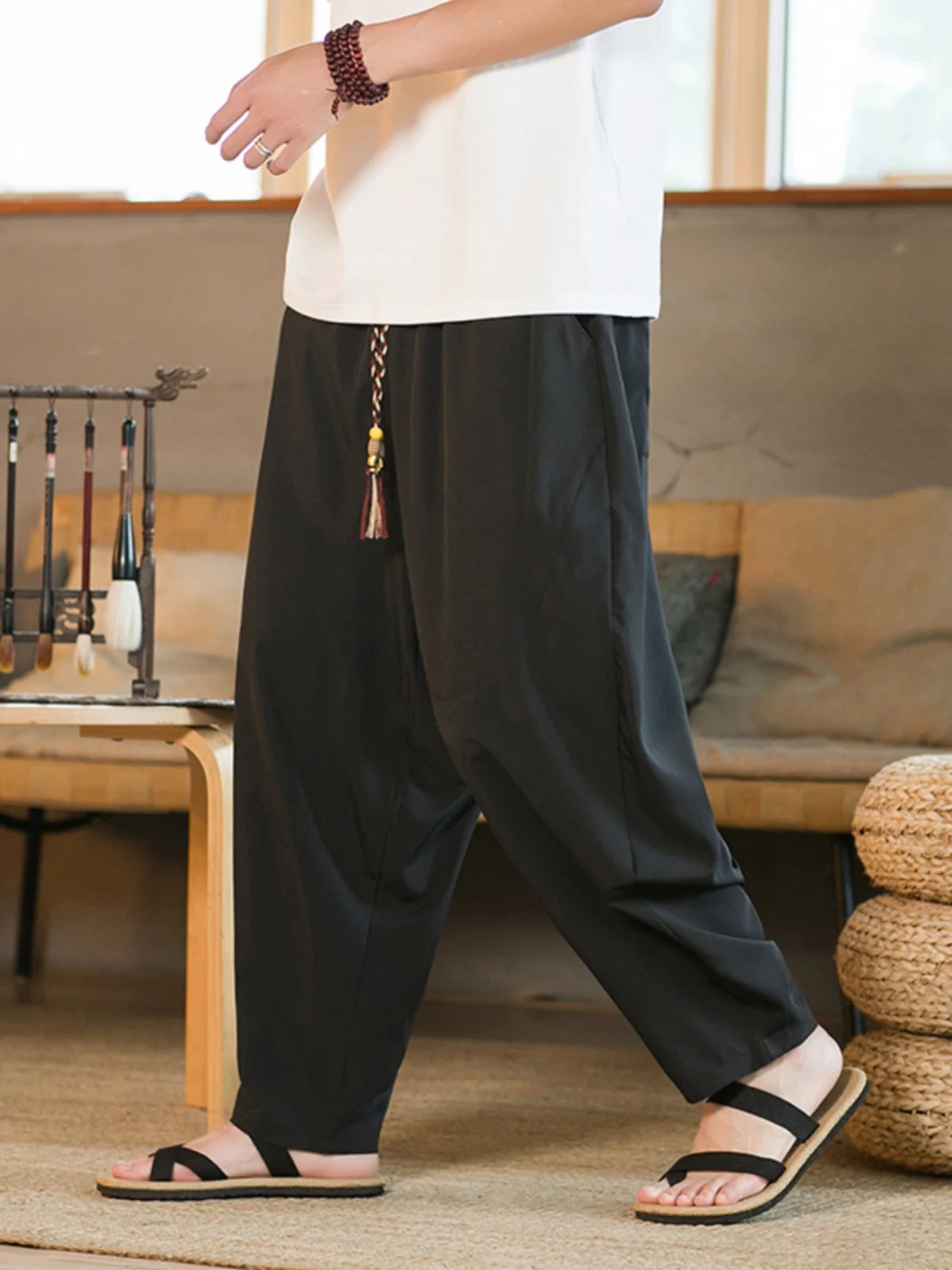 

Новые китайские мужские летние тонкие брюки из ледяного шелка в стиле Harlan, модные брендовые повседневные брюки-морковки большого размера, укороченные (до щиколотки)