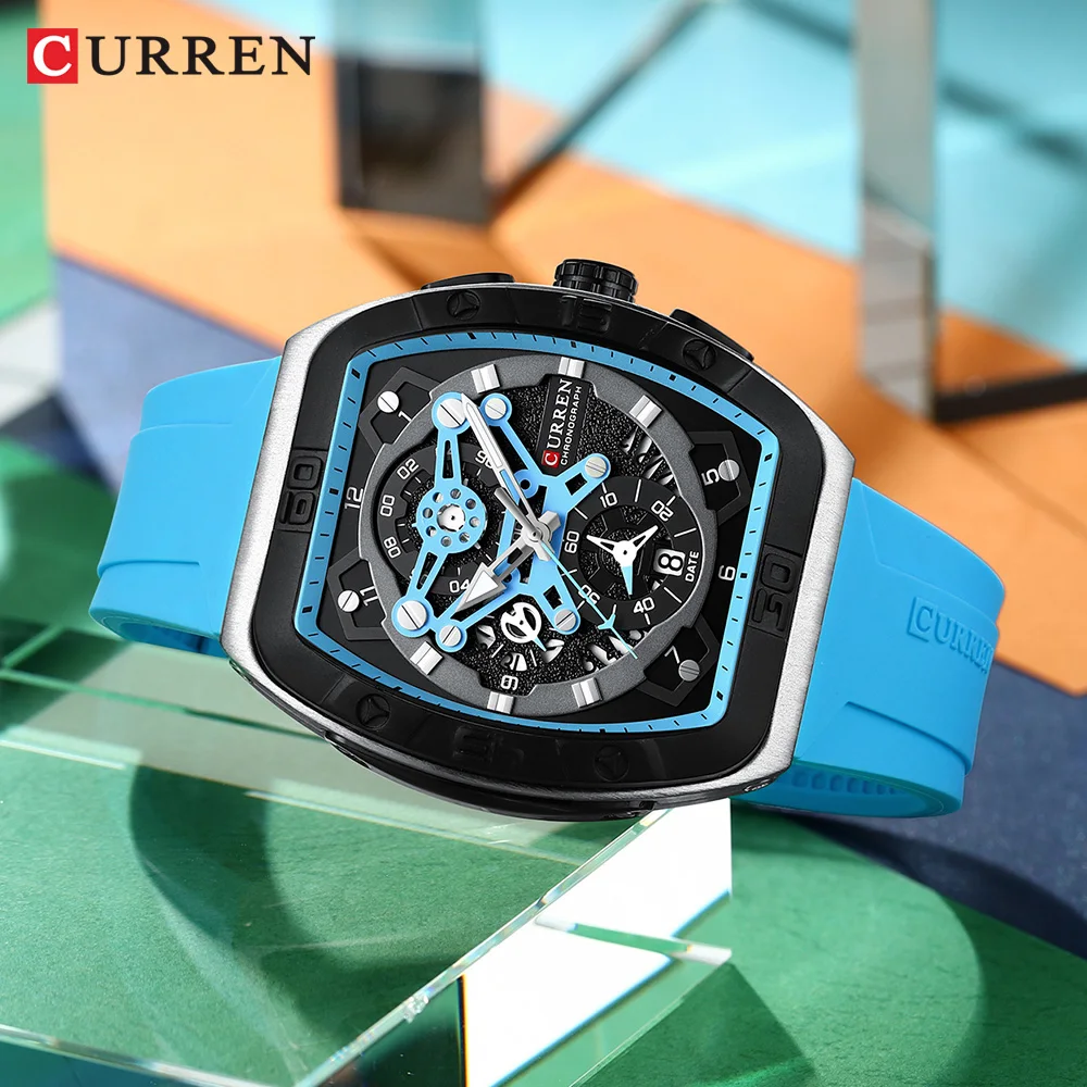 CURREN Creative Fashion Multifunctional Rectangle Quartz Watches New Casual Silicone Strap Men\'s Wristwatches