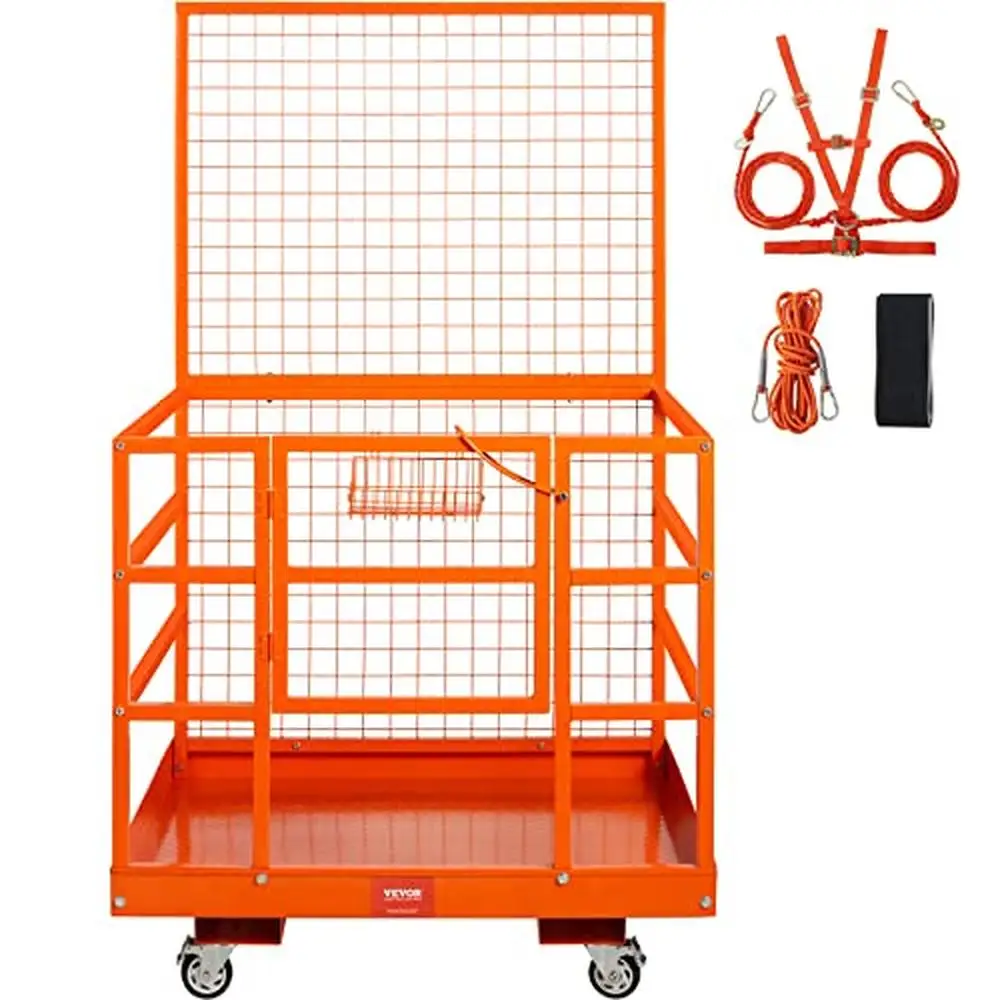 Forklift Safety Cage Lifting Work Platform with Harness Heavy Duty Steel Man Basket 1400lbs Capacity Durable Lock & Drain Hole