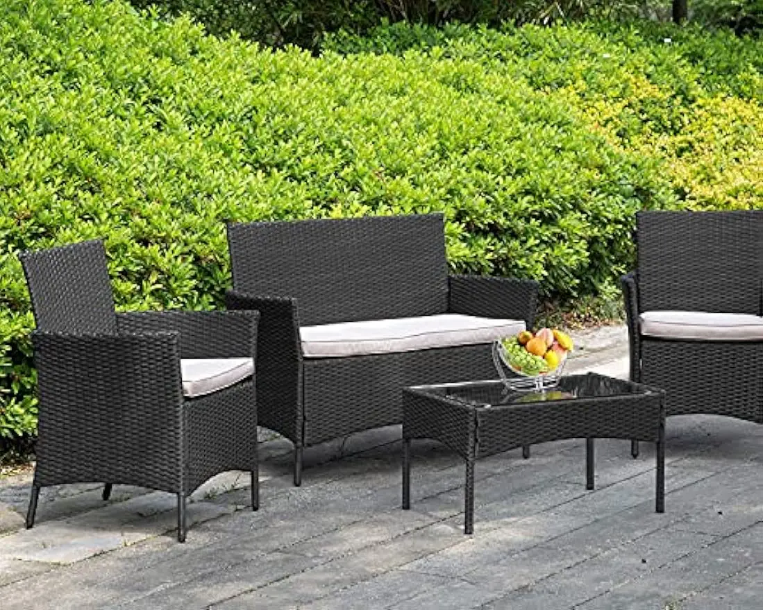 

Patio Furniture 4 Pieces Outdoor Indoor Use Rattan Chairs Wicker Conversation Sets for Backyard Lawn Porch Garden Balcony,Black