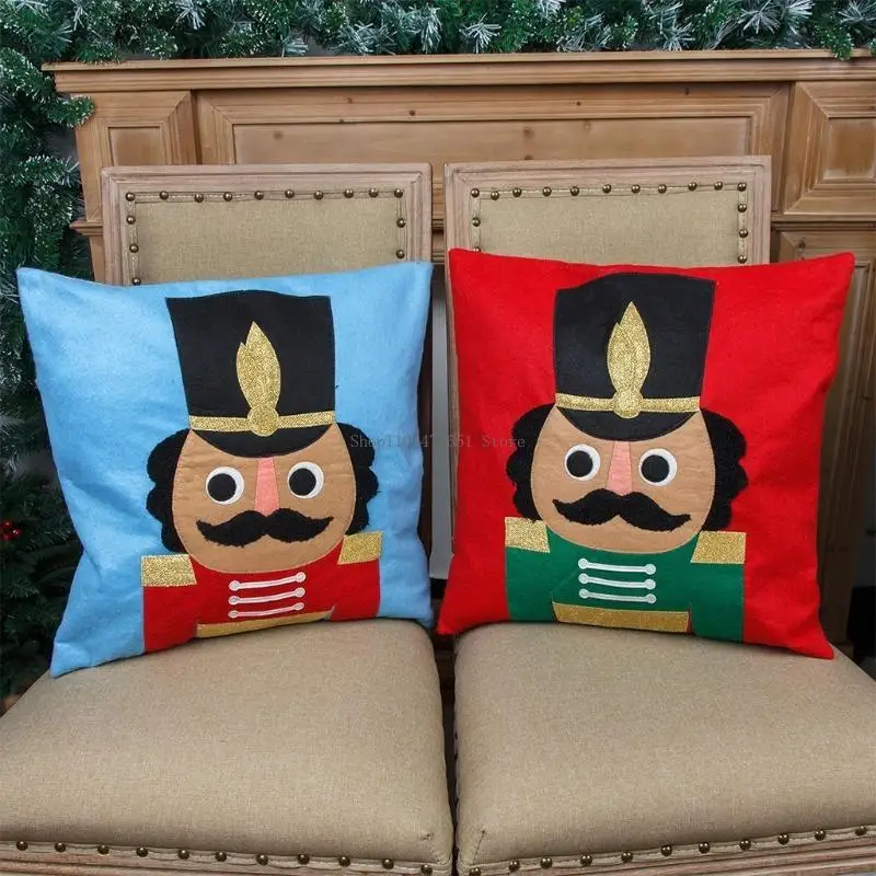 Christmas Cartoon Nutcracker Pillow for Case Felt Soldier Toy Xmas Cushion Cover