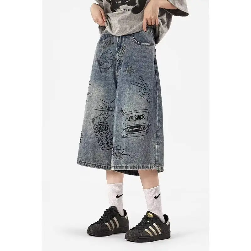 

American street graffiti printed denim mid-pants men's summer loose trendy brand retro style three-quarter pants korean fashion