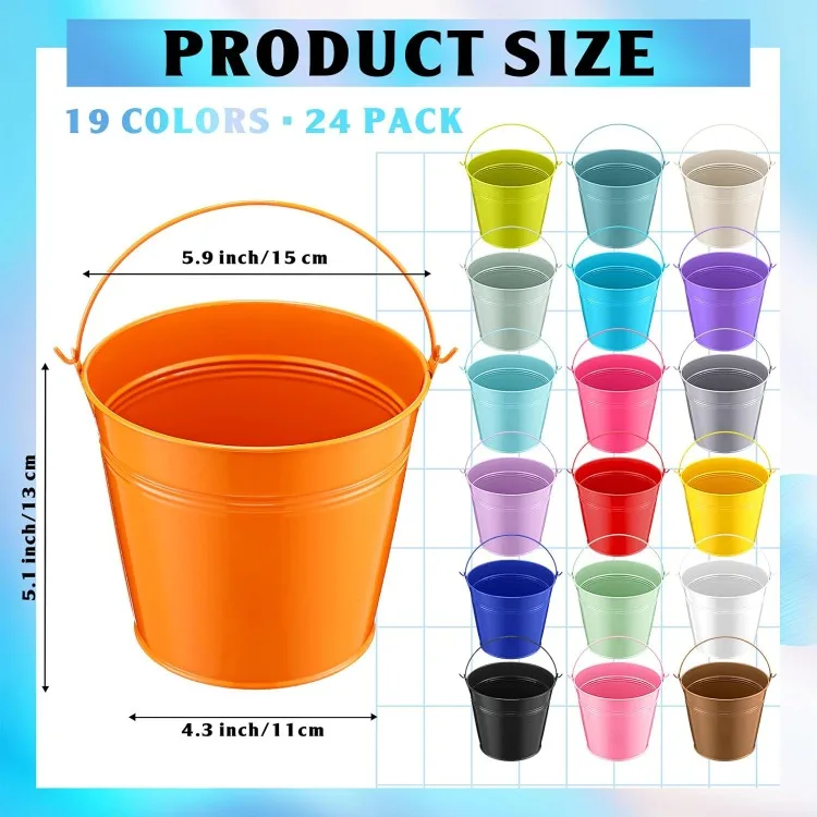 24 Pack Colored Metal Small Bucket with Handle 6 x 4.3 x 5 Inch Galvanized Bucket Pail Bulk for Ice Tin Can Classroom Craf