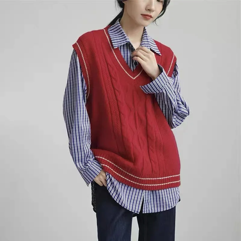 

Pop Twist Flower V-neck Wool Vest Women's Sweater Languid Lazy Jacket Pullover Sleeveless Sweater Loose Horse Clip