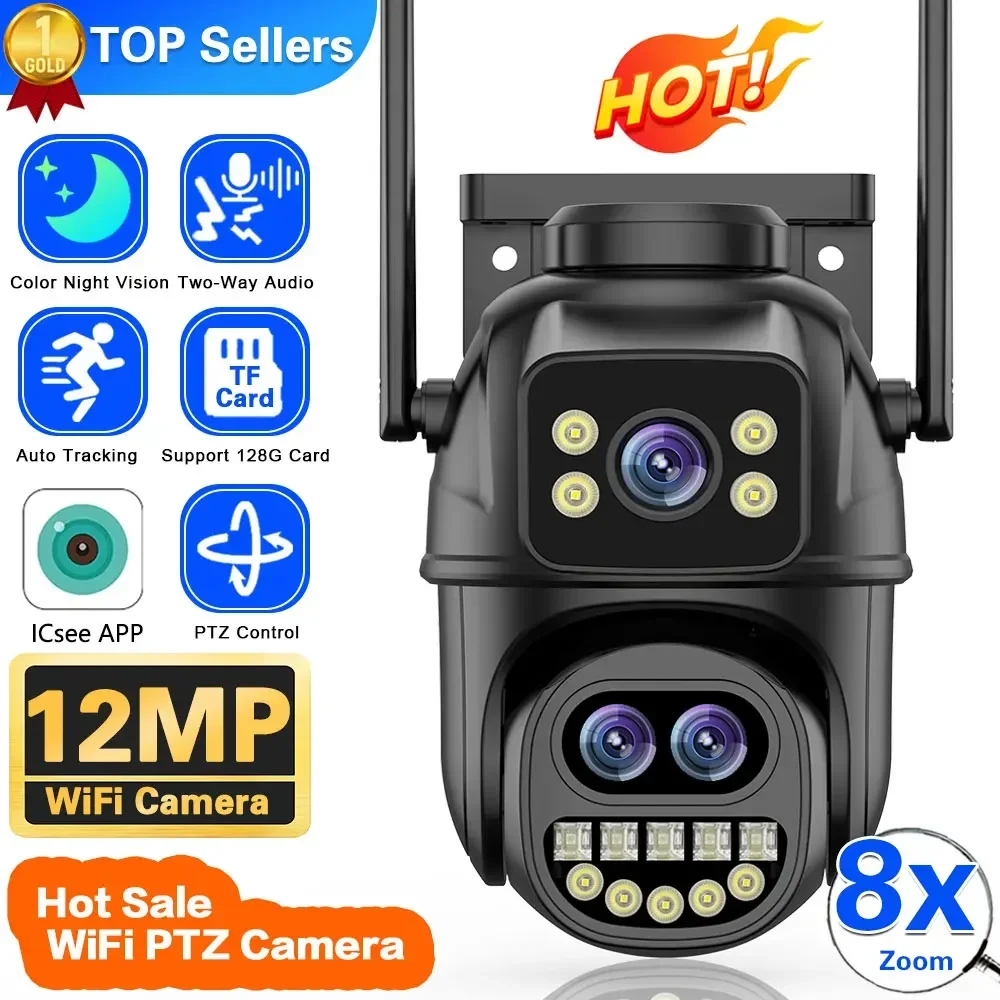 6K Ultra HD WiFi IP Camera Outdoor 8x Zoom Three Lens Dual Screen 3K PTZ Camera Auto Tracking Home Security CCTV Surveillance