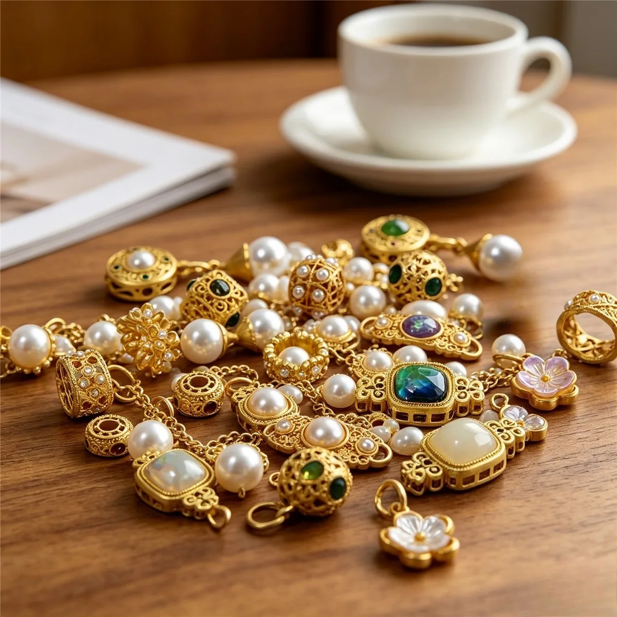 Brass Matte Gold Tone Pearl Inlaid Lace Wreath Cherry Blossom Double Charms DIY Bracelet Necklace Jewelry Making Findings