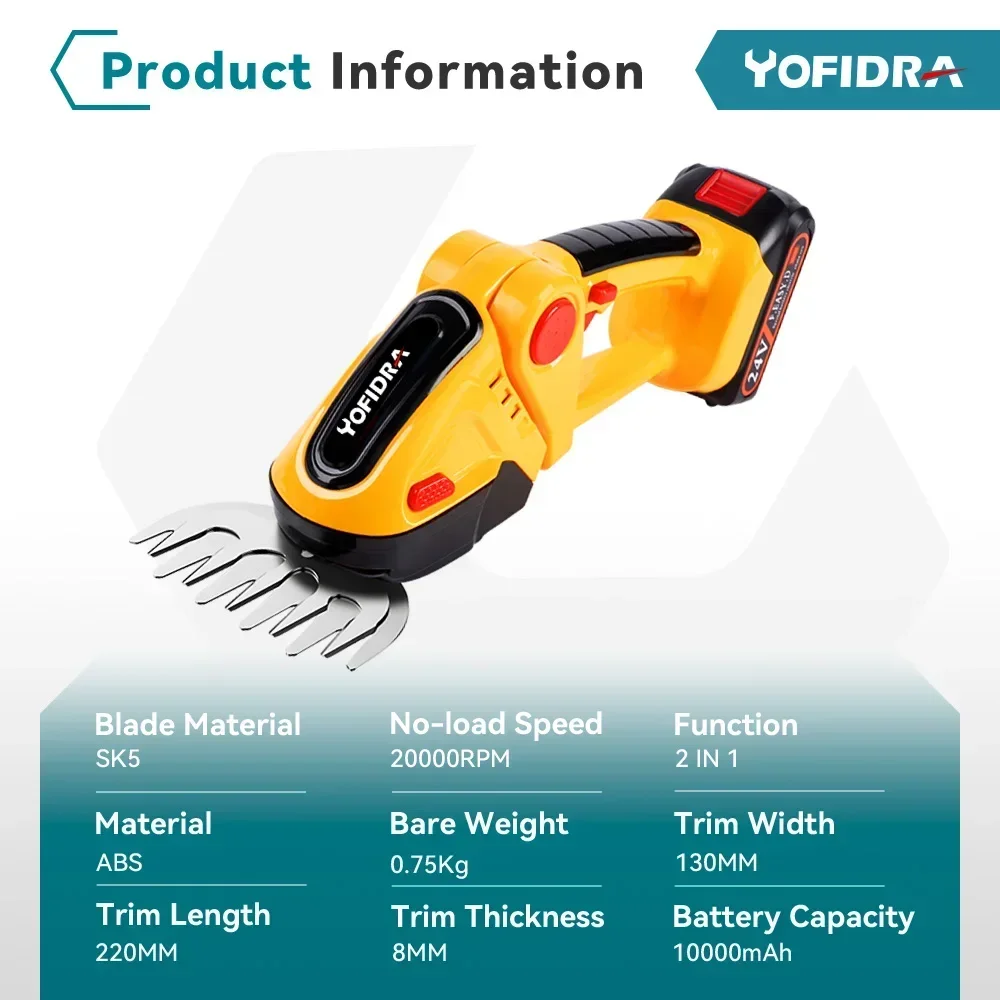 Yofidra 24 V 2-in-1 elektrischer Heckenschere, 20.000 U/min, Haushaltsrasenmäher, Gartenbuchsenschere, Grasschere, Elektrowerkzeug