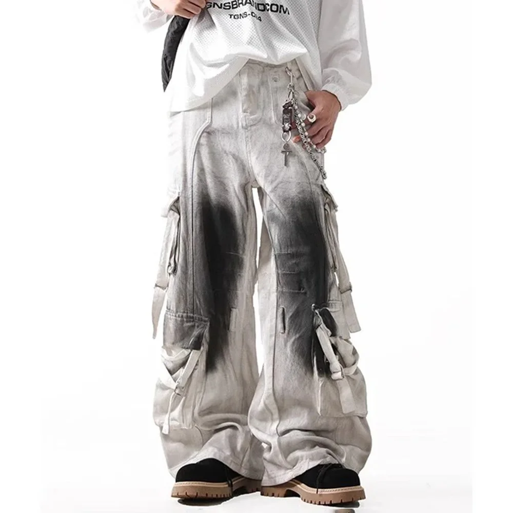 

Summer New Men's Contrast Color Baggy Jeans Multi-Pocket Overalls Retro Fashion Casual Trend High Street Hip-Hop Men's Bottoms