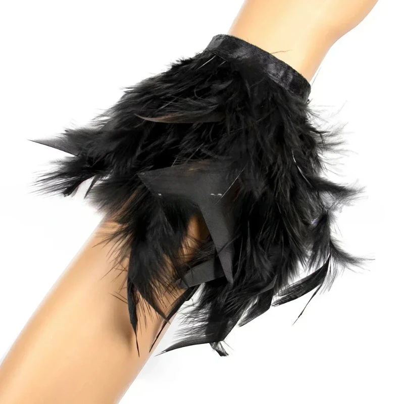 Women Natural Fur Feather Cuffs Sexy Cuffs with Feathers Feather Cuff Snap Bracelet Sleeves Wrist Arm Removable Shirt