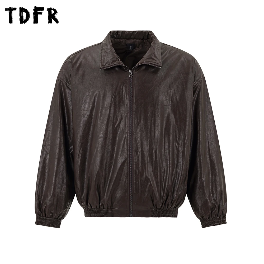 

Retro Distressed PU Leather Jacket Mens Solid Color Winter Thick Lapel Long Sleeve Loose Quilted Jacket Man