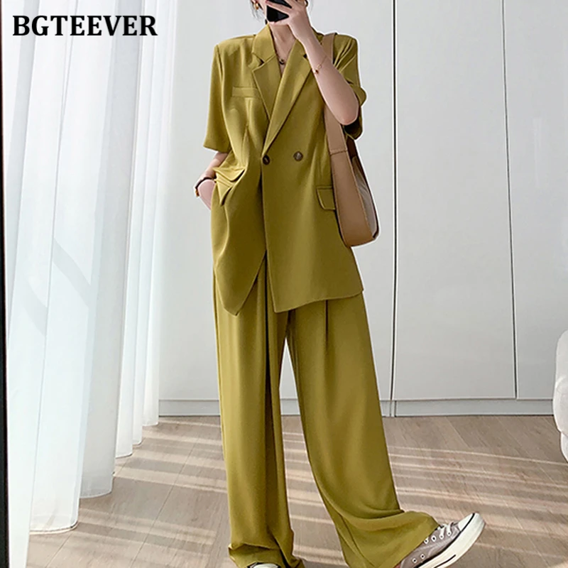 BGTEEVER Summer Ladies Trousers Suits Short Sleeve Jackets & Wide Leg Suit Pants Women Outfits Elegant Ladies 2 Piece Blazer Set