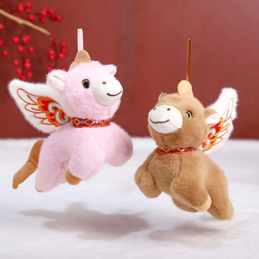 Cheval du zodiaque chinois drôle et mignon avec ailes, mascotte de l'année du cheval en Polyester, porte-clés, pendentif cheval porte-bonheur, décoration de maison