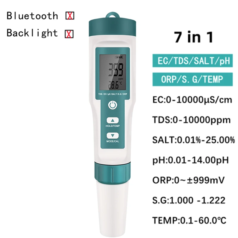 Nový blue-tooth 7 v 1 ph/tds/ec/orp/salinity /S. g/temperature měřič  voda kvalita tester pro pití voda aquariums kyselost měřič