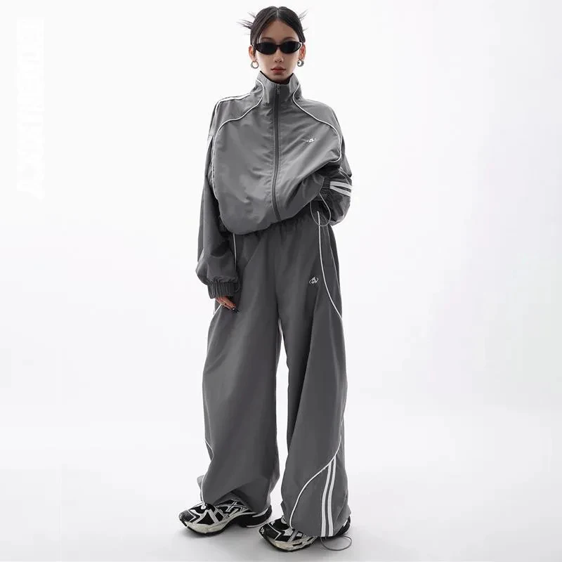 Spring Sports Two-piece Set Women High Street Grey Sport Track Jacket +Loose Sweatpants Ladies Outdoor Joggers Tracksuit Female