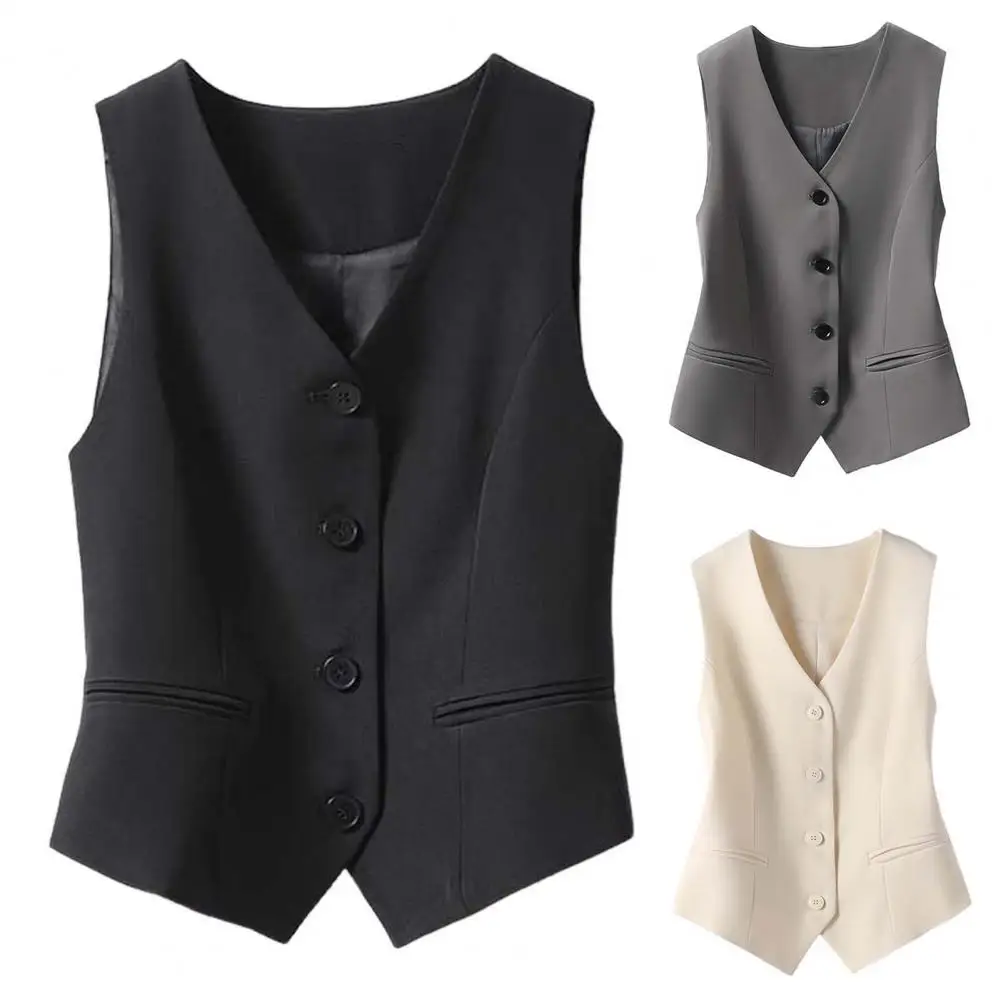 1Pc Women Vest Single-breasted Western Style Slim Fit Cardigan Suit Coat Pure Color V Neck Formal Business Style Lady Waistcoat