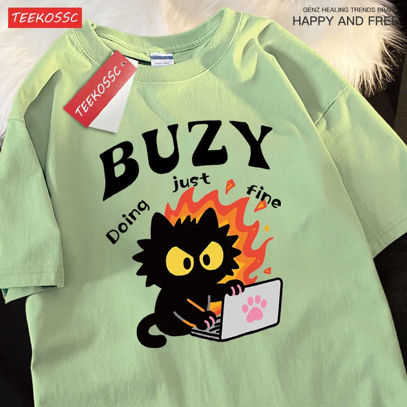 

Crazy Office Cat Printing T Shirt Womens Crewneck Casual Top Soft All-Match Clothes Oversized Cotton Short Sleeve Loose T-Shirt