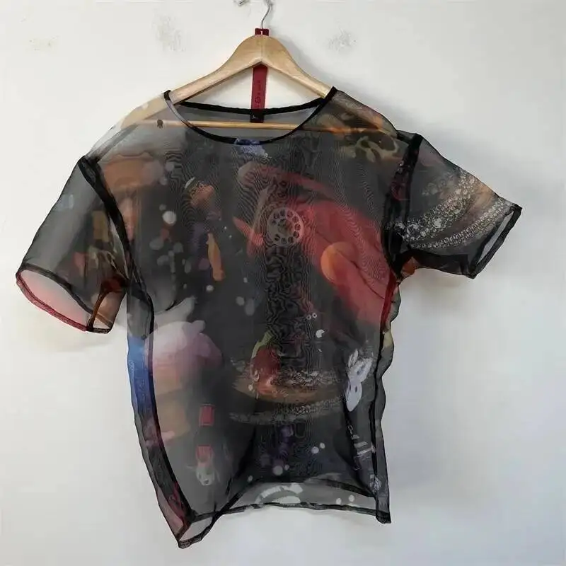 Men Cartoon Print Sheer Mesh T-shirt Short Sleeve Crew Neck Loose Streetwear Trendy Breathable Lightweight Tees ERT5