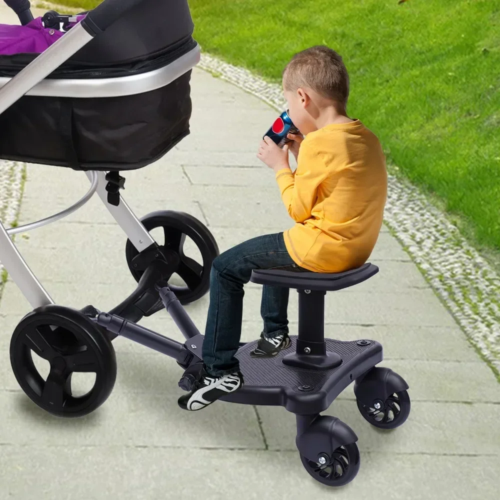 

Black Baby Stroller Auxiliary Pedal Adjustable Length and Height with Detachable Seats and Wheels for 3-7 Years Old Children