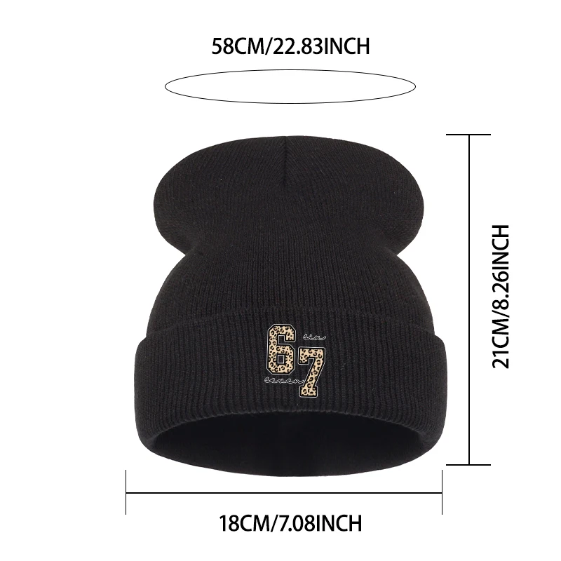Classic Stylish Knit Beanie, Leopard Number 67 Letter Print, For Daily Street Outfit, Thanksgiving & Holiday Casual Trip