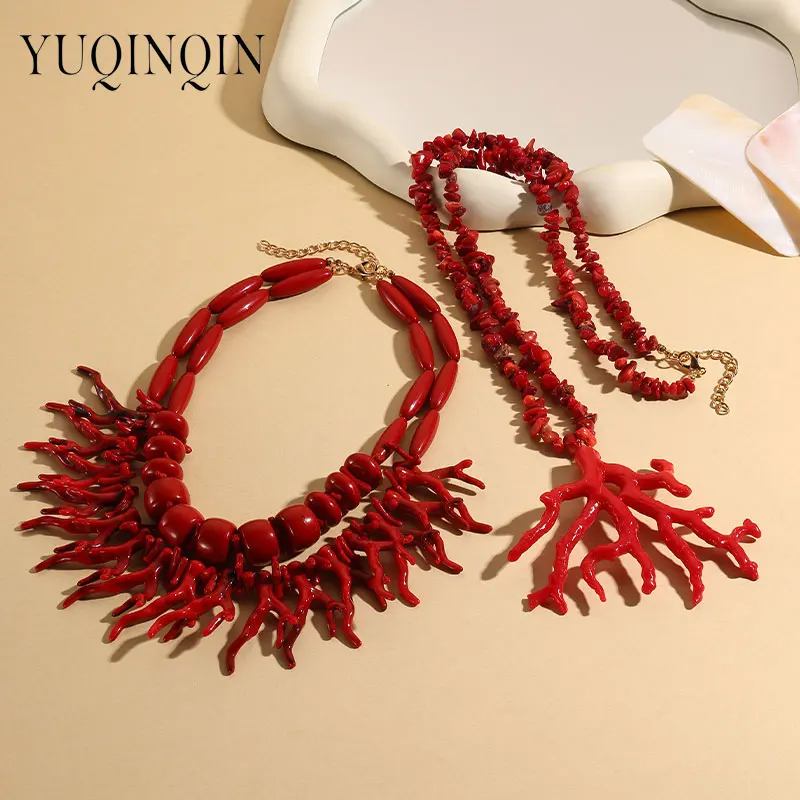 New Vintage Retro Bohemian Long Necklaces for Women Multilayer Red Coral Beads Thick Chain Pendant Necklace Big Fashion Jewelry