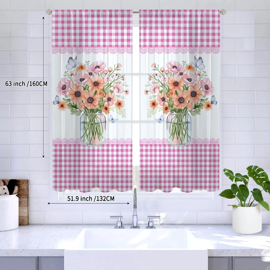 2PCS Digital Print Sheer Curtain, Pink Plaid Bouquet, Vintage Floral Window Curtains for Living Room Bedroom Home Decor