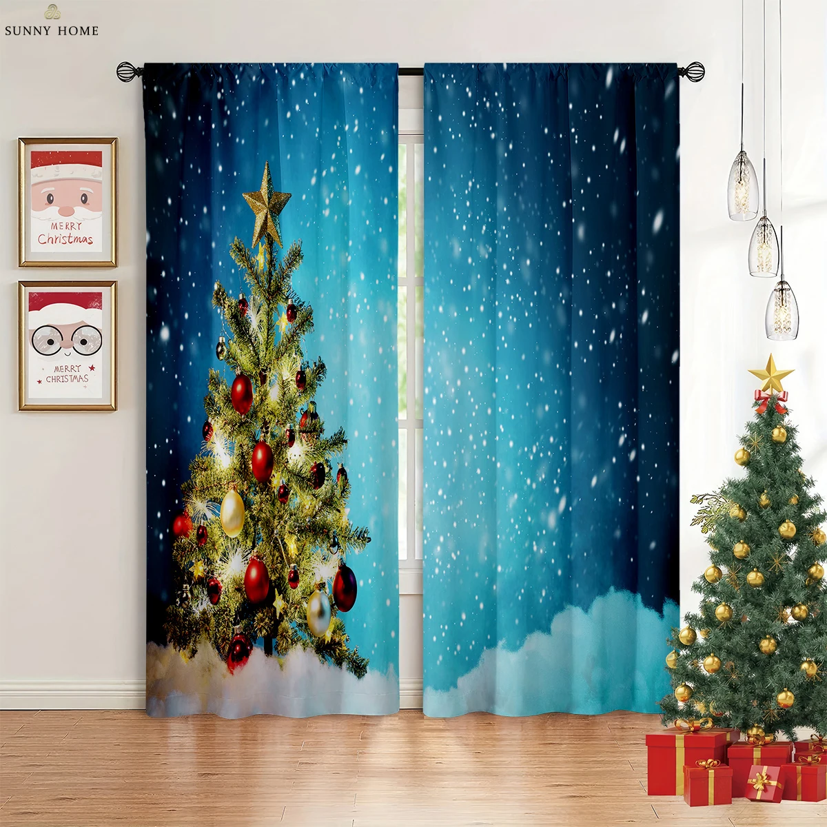 

Christmas Decoration Curtains Christmas Tree Santa Claus Cartoon Print Curtains Restaurant Bedroom Holiday Decoration Curtains