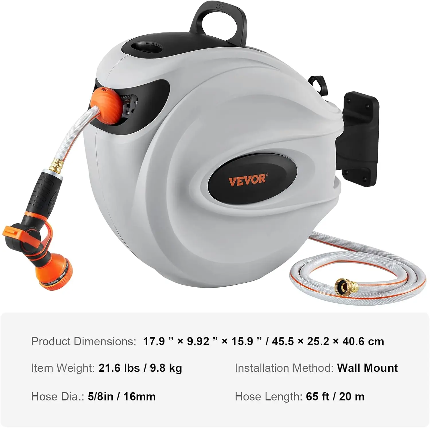 Retractable Hose Reel, 65 ft x 5/8 inch, 180° Swivel Bracket Wall-Mounted, Garden Water Hose Reel with 9-Pattern Nozzle