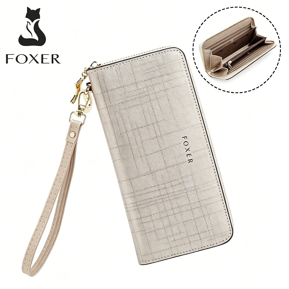FOXER Elegant Lady Long Wallet Cowhide Leather Fashion Coin Wallet Multi-card Slots Women's Card Holder Zipper Wrist Phone Bag