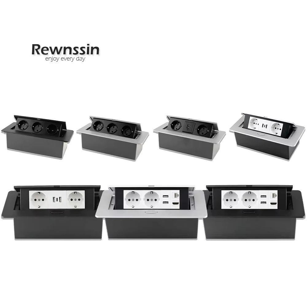 

EU Standard 16A Desktop Socket Concealed Office Cabinet Pop-Up Tabletop Socket Aluminum Dual USB C-Shaped Desk Socket 250V