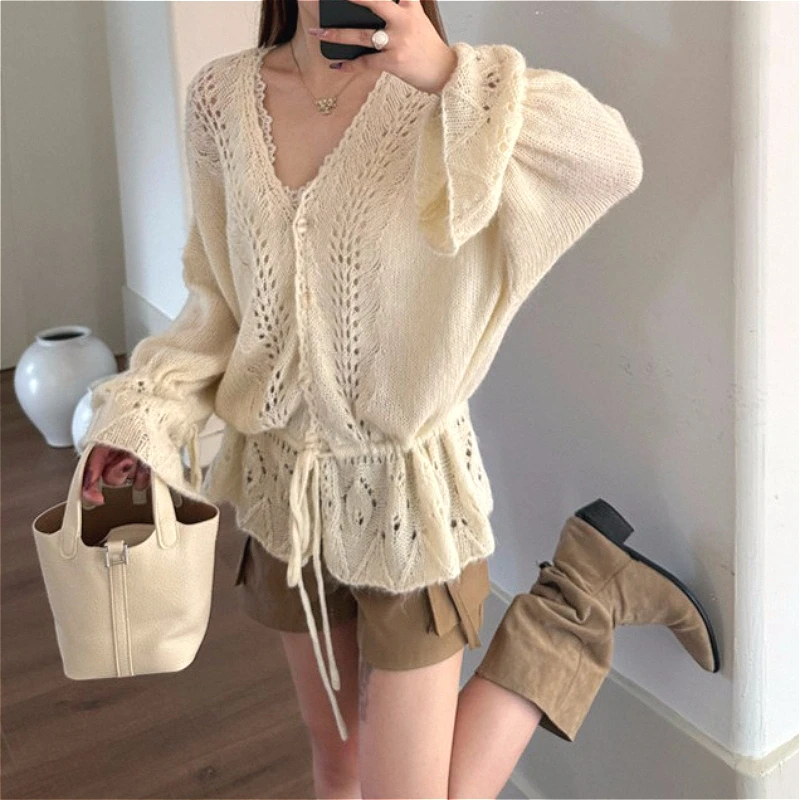 2026 Women Hollow Out Cardigan Sweater Solid Jumper Drawstring V Neck Long Sleeve Single Breasted Loose Casual Spring Autumn