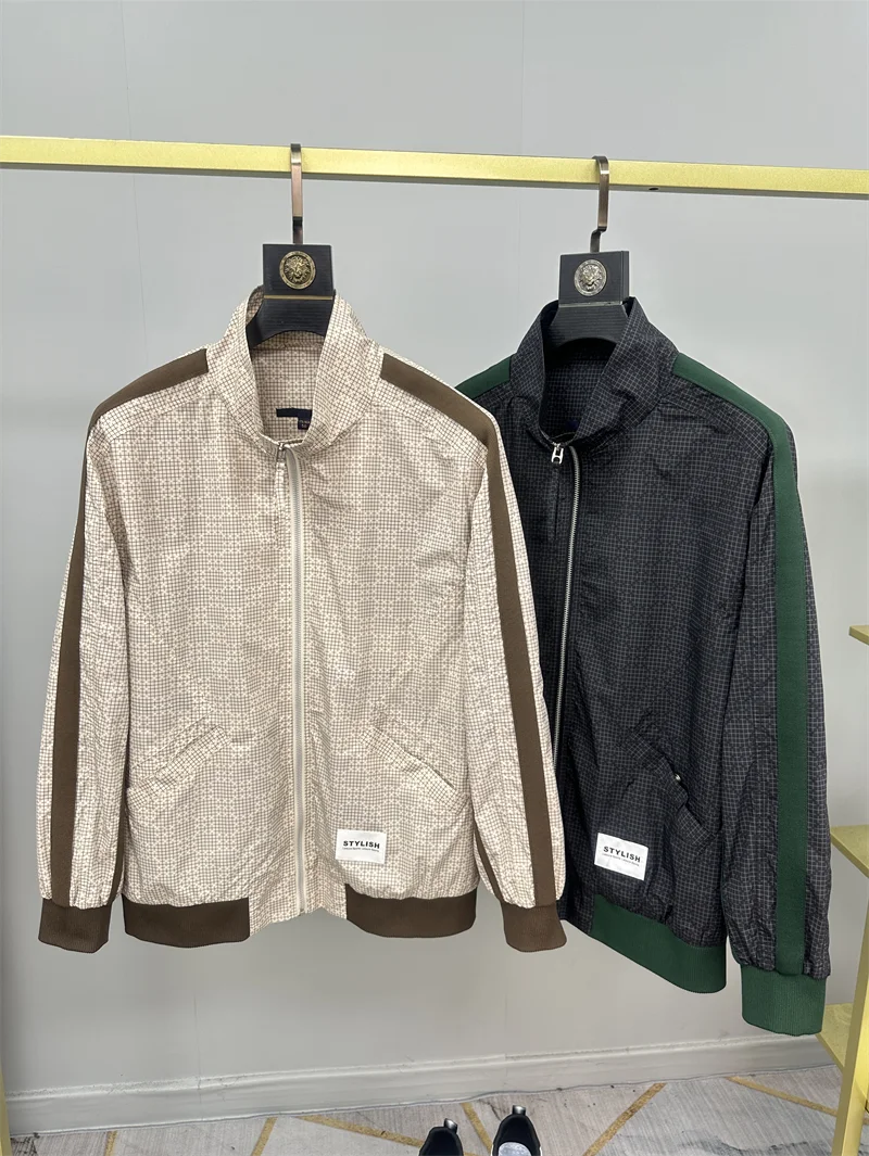 

Plaid! Faionable Patchwork Thin Casual Top Men's Cheered Versatile Stand Collar Jaet Trendy Polyester Fiber S...