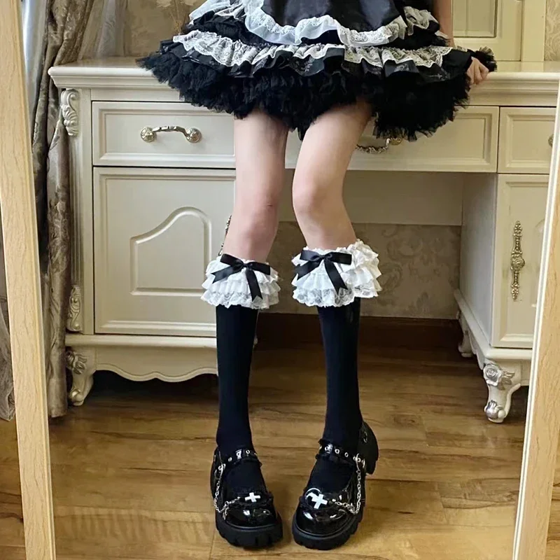 JK Lolita Pończochy damskie Y2k Dziewczęta Długie skarpetki z falbanką Pończochy w stylu japońskim Kawaii Bowknot Śliczne koronkowe podkolanówki Pończochy