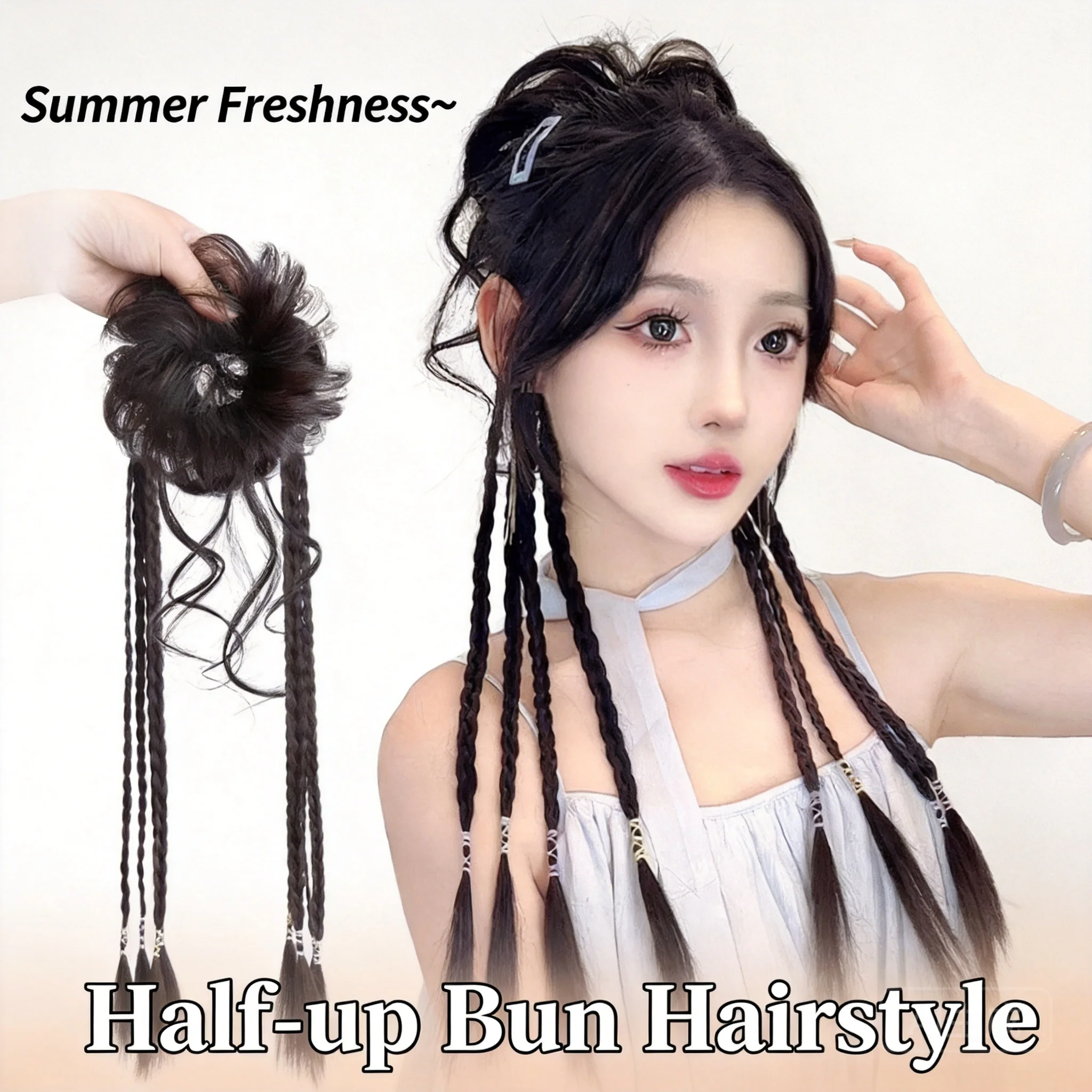 中国風ラッキードラゴンウィスカーメッシーバンヘアピース、ボックスブレイズ付き、ふわふわナチュラル合成ヘアエクステンション（女性用）