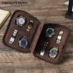 Vintage Genuine Leather Zipper Watch Storage Case 2/4/6/8 Slots Travel Portable Organizer Watches Jewelry Display Collector Box