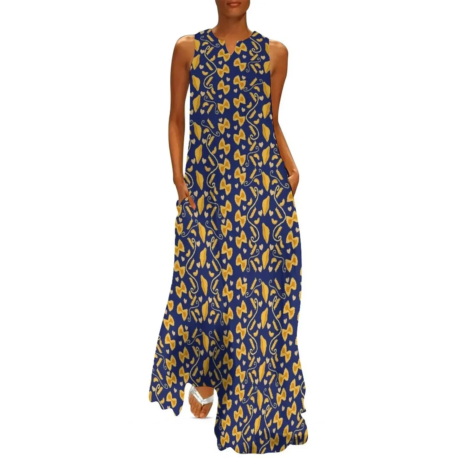 

Pasta Pattern on Navy Long Dress women's dresses luxury Elegant gown Dresses Dress