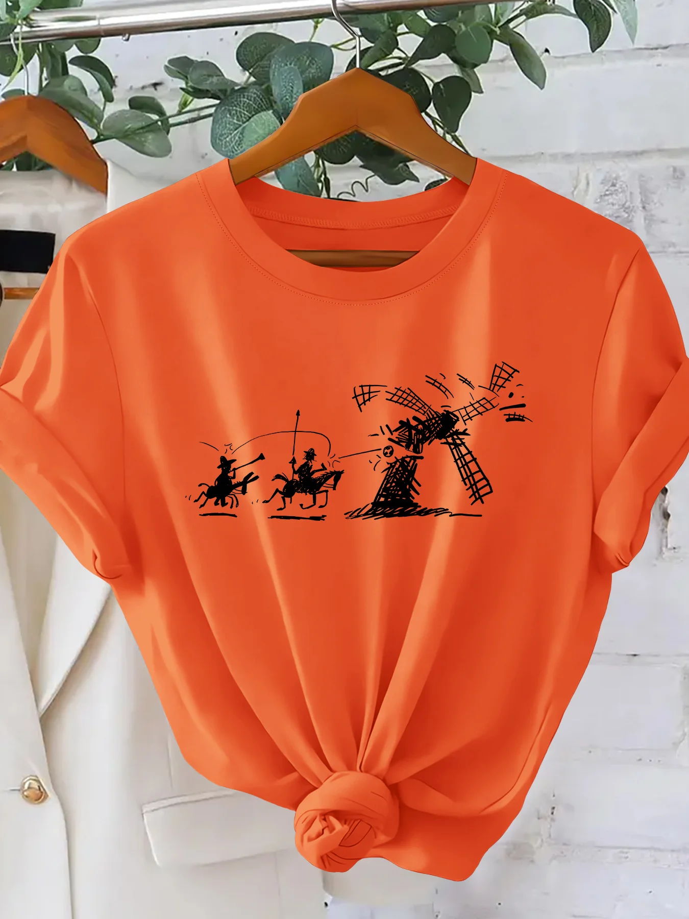 Ladies' Summer Top Don Quixote Battle Windmill Graffiti Print Ladies' T-shirt Literature Enthusiast Travel Sports Versatile Top