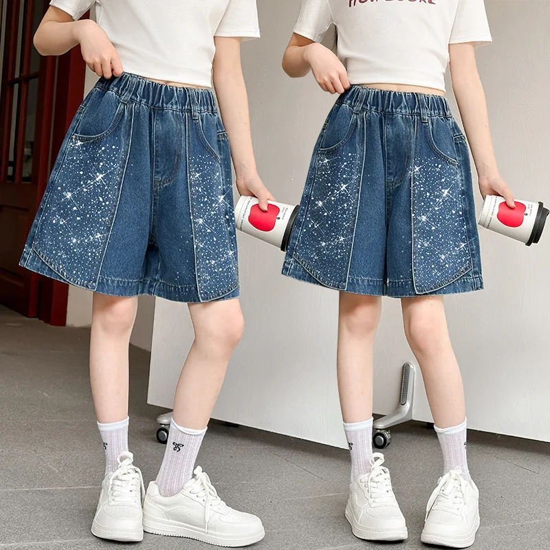 Girls Vintage Distressed Denim Shorts with Rhinestone Kids Summer Outerwear Short Pants Children's False Two-piece Mini Jeans