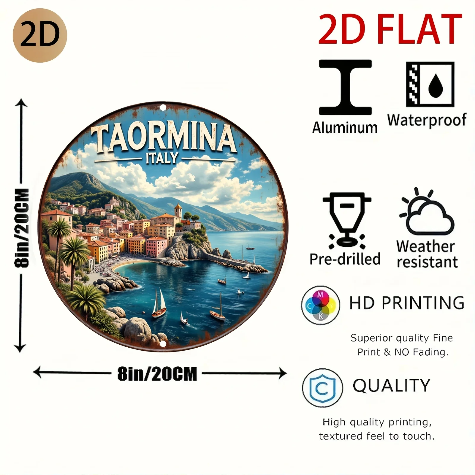 Taormina Italy Metal Wall Art Sign - Sicily Coastline Greek/Roman Ruins Vintage Mediterranean Map Decor, Frameless Round Sicilia