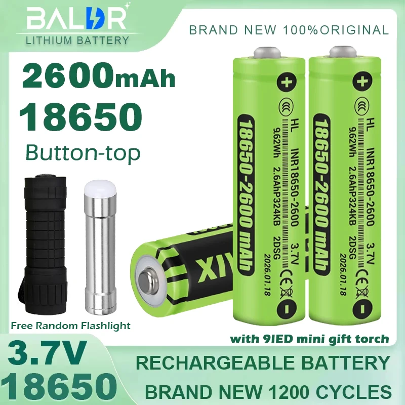 

100% Brand New Original High-quality 18650 2600mAh/1200mAh 3.7V Lithium-ion Rechargeable Battery with Gift 9LED Mini Flashlight