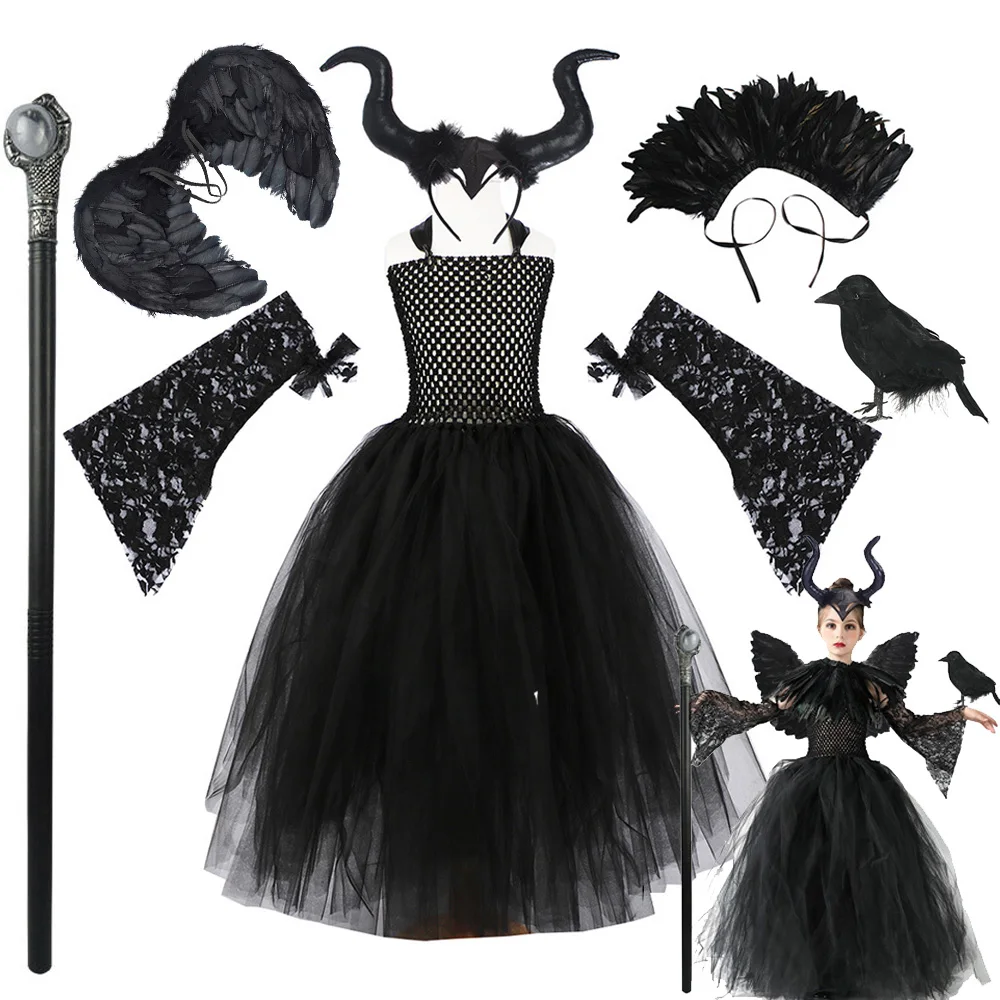

Костюм Малефисенты на Хэллоуин для девочек, нарядные костюмы злой королевы, черное сетчатое платье принцессы ведьмы, дьявола, косплей
