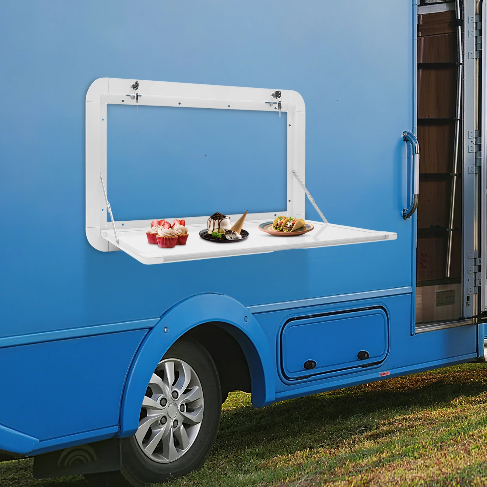 طاولة RVs حديثة قابلة للطي مصنوعة من سبائك الألومنيوم مستطيلة الشكل مقاس 800*450 مم مع 4 مفاتيح للقوافل والشاحنات ومعسكر الشاحنات