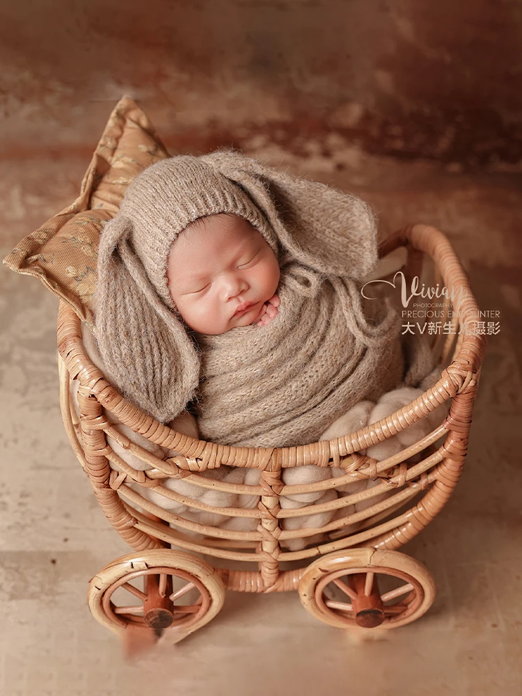 Newborn Photography Props Kit Knitted Wrapping Bunny Hat/Bear Doll Knit Nightcap for Natural Style Baby Shoot Idea Studio Props