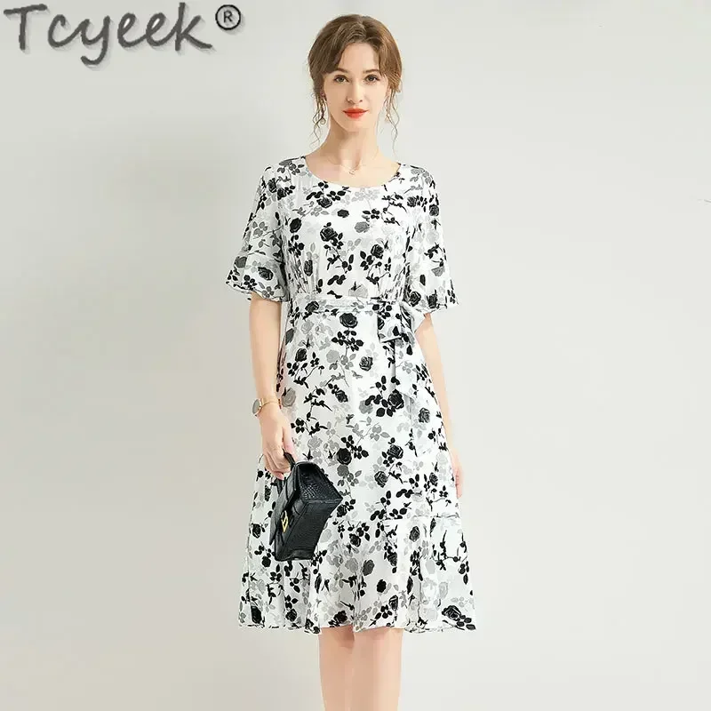 

Tcyeek 100% Real Mulberry Silk Midi Dress Elegant Women's Dresses High Waist Dress Fashion Summer Dresses 2024 Vestidos De Mujer