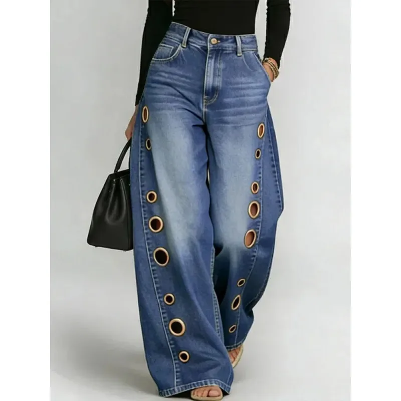 Europe New Denim Fashion Jeans Casual Loose High Waist Slim Wid Leg Pants All-match Streetwear Personalized Lazy Pantalon