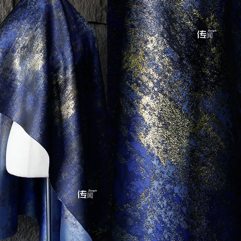 Jacquard Fabric Blue Gold Wire Heavy Process Gold Stamping Vintage Clothing Designer  Apparel Sewing Fabric Wholesale Cloth Diy