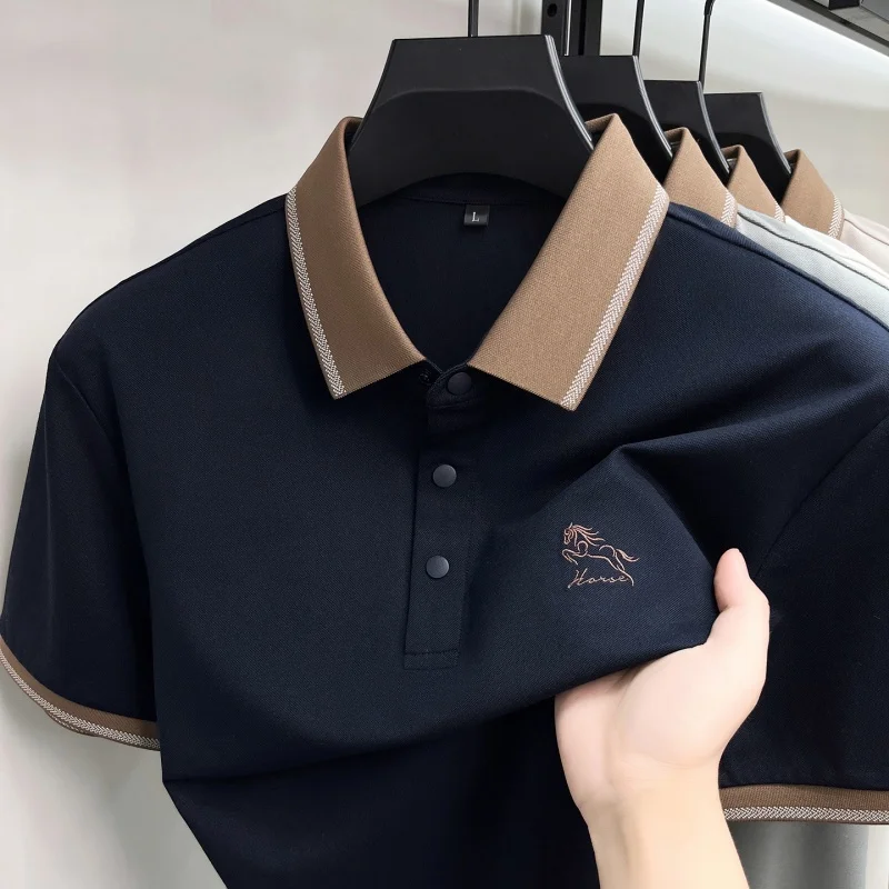 Luxury brand summer men short sleeve polo shirt fashion unique pony embroidery breathable casual new color blocked lapel T-shirt