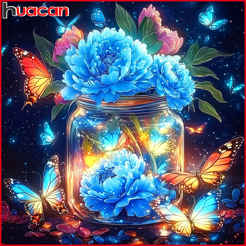 Huacan Diamantmalerei Pfingstrose Glas Schmetterling Diamantstickerei Blumen Komplettset Bild aus Strasssteinen