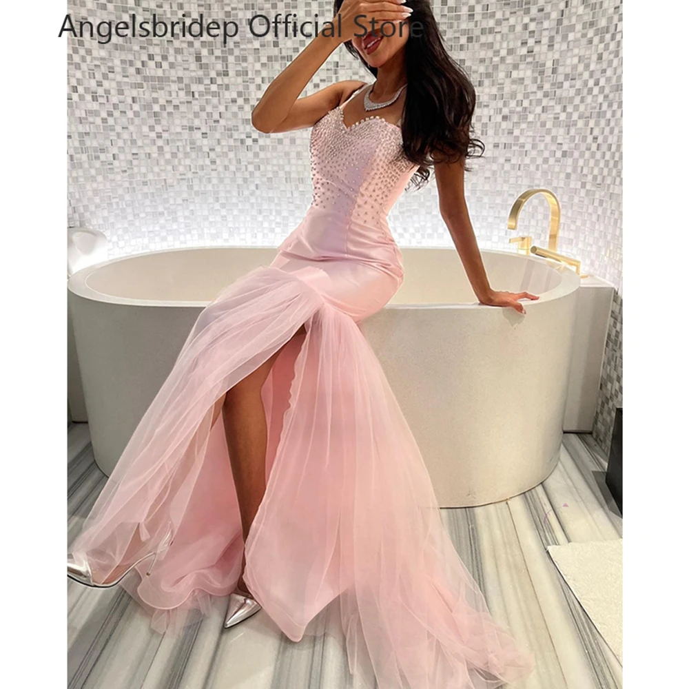 

Angelsbridep Evening Dresses 2023 Mermaid Pink Sparkly Pearls High Side Split Custom Made Formal Wedding Party Gowns Prom Dress