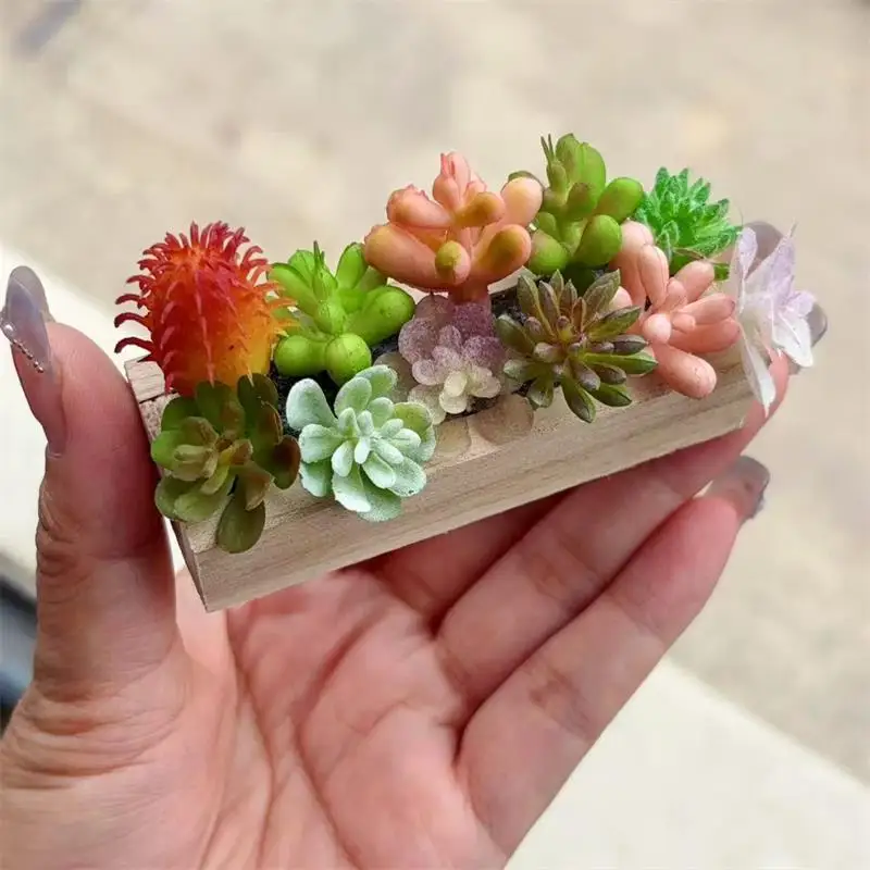 Random Dollhouse Miniature Succulent Wooden Trough Green Plant Pot Model Micro Landscape Decor Ornaments Pretend Play Toys