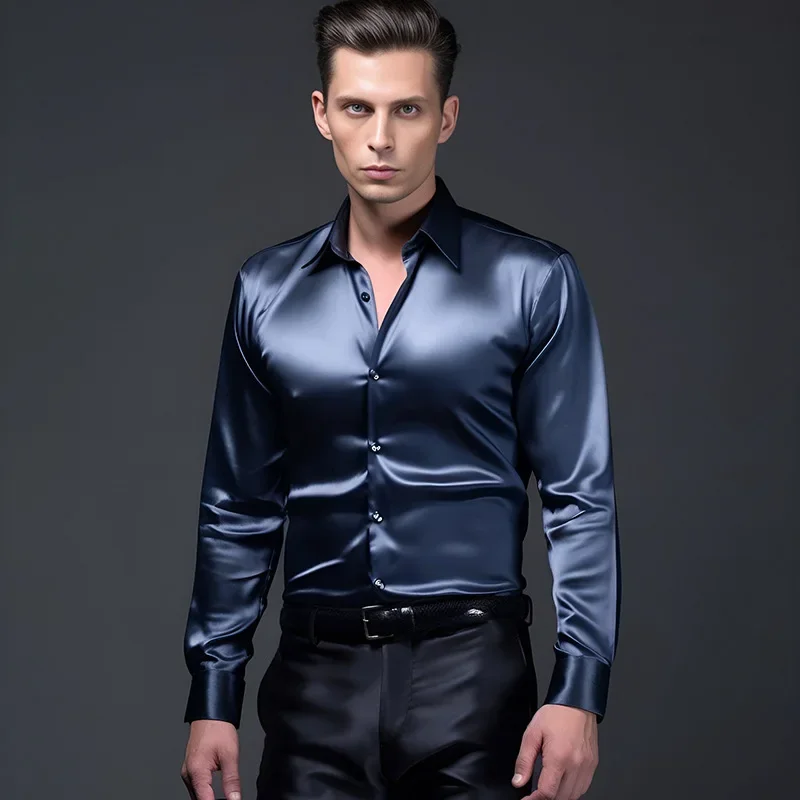 

Men's Clothing Shirts autumn Mens Satin Silk Dress Shirt Long Sleeve Slim Business Formal Casual Tops Classic Polo Casual shirt